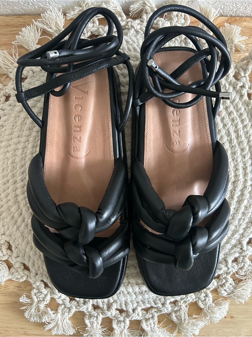 Anthropologie Vicenza Black Faux Leather Maui Puffy Ankle Wrap Sandals - Picture 3 of 7